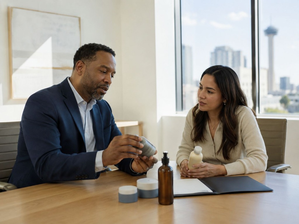 Profesionales evaluando productos durante una conversación comercial.