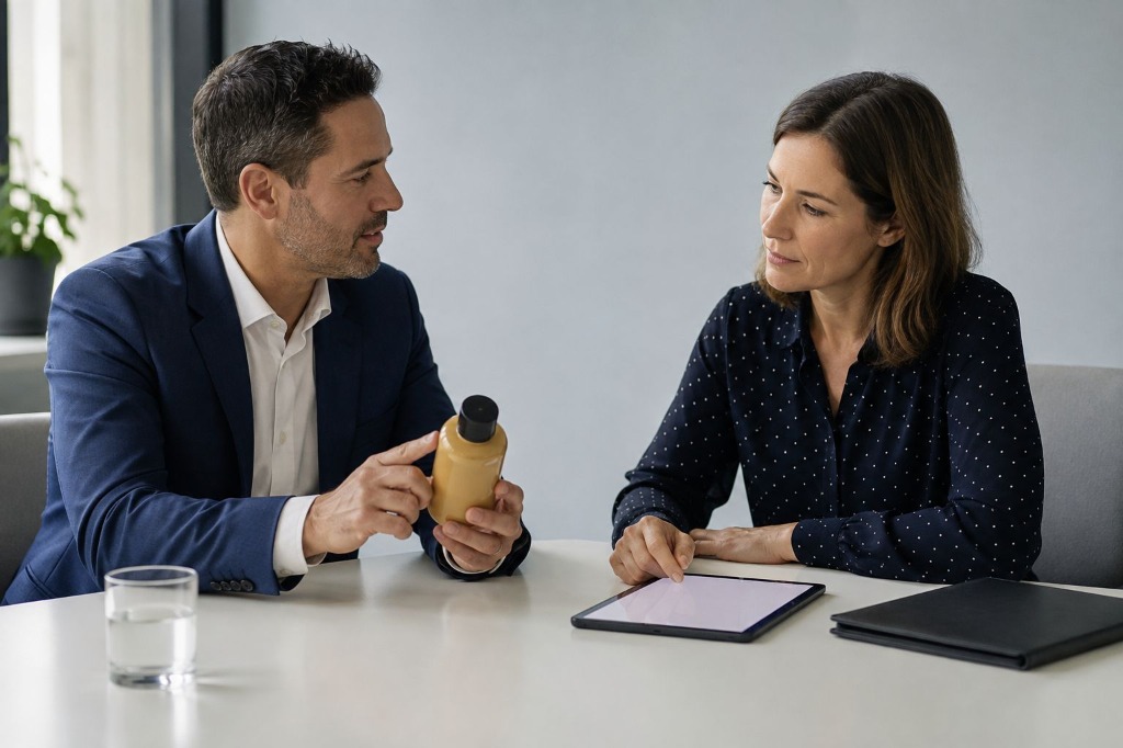 Proveedor y comprador conversando sobre una oportunidad comercial.